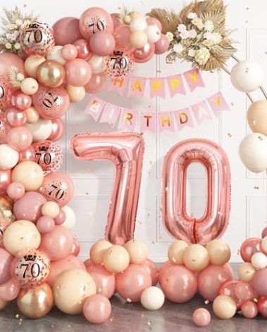 70th Birthday Decorations for Women,Rose Gold 70th Balloon Arch Garland Kit With Number 70 Balloons Happy Birthday Banner for 70 Party Decoration