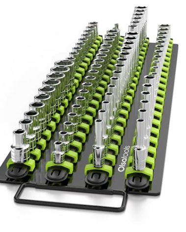 Olsa Tools Portable Socket Organizer Tray | Black Rails with Green Clips | Holds 80 Sockets | Professional Quality Socket Holder
