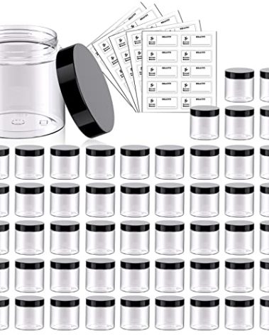 50 Pack 2 OZ Plastic Jars Round Clear Cosmetic Container Jar with Lids, Eternal Moment Plastic Slime Jars for Lotion, Cream, Ointments, Makeup, Eye shadow, Rhinestone, Samples, Pot, Travel Storage