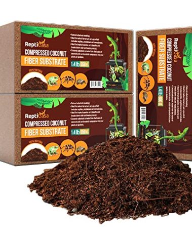 ReptiCasa Compressed Coconut Fiber Substrate, 1.4 lb. Bricks, Natural Husk Terrarium Bedding, Reptiles, Frogs, Snakes, or Tortoise, Odor and Waste Absorbent Compostable, 5 Pack