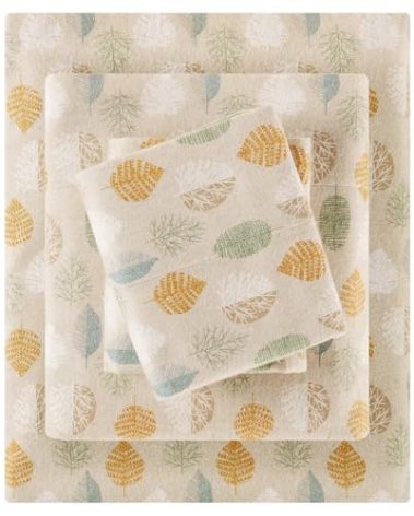 True North by Sleep Philosophy Cozy Flannel Warm 100% Cotton Sheet - Novelty Print Animals Stars Cute Ultra Soft Cold Weather Bedding Set, King, Multi Leaves 4 Piece