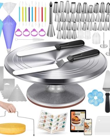 Kootek 180 Pcs Cake Decorating Kits Supplies - Aluminium Alloy Revolving Cake Turntable, Numbered Cake Decorating Tips and Frosting Tools for Baking Cupcake Cookie Muffin Kitchen Utensils