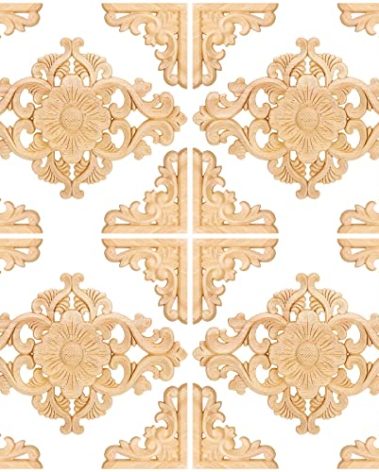 20 Pcs Wood Appliques and Onlays for Furniture Wooden Carved Onlay Appliques Decorative DIY Carving Decals for Wall Cupboard Door Bed Cabinet