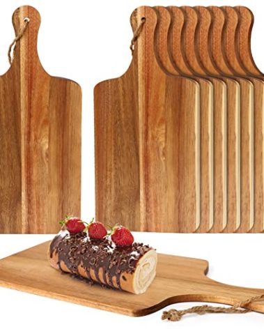 10 Packs Acacia Wood Cutting Board, 15 x 7 Inch Plain Chopping Board with Handles Large Serving Board Wooden Kitchen Cutting Board Bulk with Ropes for Vegetables Meat Pizza Cheese Fruit Bread
