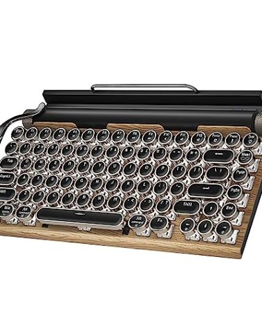 Retro Typewriter Wireless Mechanical Gaming Keyboard, Bluetooth 5.0 Office Computer Vintage Keyboards 83-Key Blue Switches Punk Round Keycap, LED Backlight, Compatible with PC/Laptop/Pad/Phone, Wood