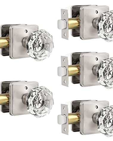 Orger 5 Pack Crystal Door Knobs, Octagon Clear Glass Door Knob with Satin Nickel Back Plate, Interior Keyless Door Handles for Bed/Bath, Privacy Door Knobs with Lock