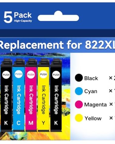 Emojink Remanufactured Ink Cartridges for Epson 822XL Ink Cartridges for Epson 822XL High Yield for T822 T822XL for Epson Workforce Pro WF-3820 WF-4820 WF-4830 WF-4833 WF-4834 (5 Pack)