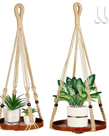 Shineloha 2 Pack Macrame Plant Hanger | Plant Hanger Indoor, Hanging Planter Shelf | Hanging Planter (Jute) (1 Large + 1 Medium)