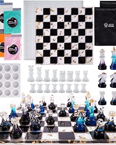 LET'S RESIN Chess Molds for Resin Casting, Upgraded Resin Chess Set Mold with 16 Piece 3D Full Size Chess Checkers & Chess Board Epoxy Silicone Resin Molds, DIY Chess Board Game, Christmas Gifts