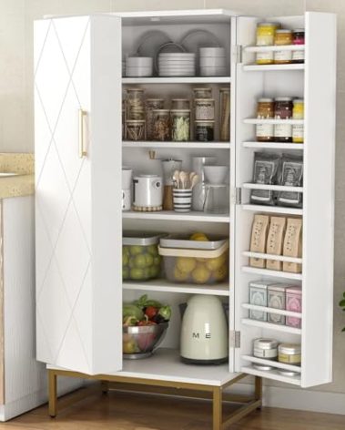 kepptory 51” Pantry Cabinets, White Freestanding Kitchen Pantry Storage Cabinet with Adjustable Shelves, Buffet Cupboards Storage Cabinet for Home Office Use, White + Gold