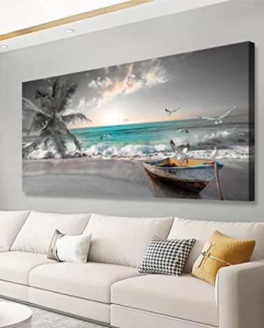 Beach Sea Wave Pictures Canvas Wall Art For Living Room Bedroom Wall Decor,Sea Wave Wall Art Print Paitnings For Home Decor,Morden Artwork Palm Boat Canvas Art Waterproof Ready To Hang-20X40Inches