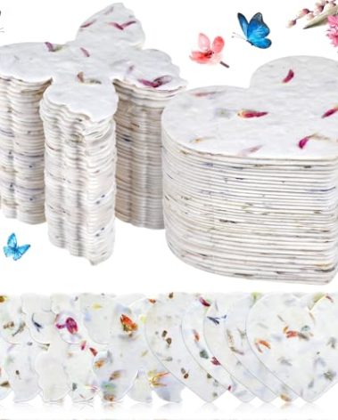 Dunzoom 100 Pcs Handmade Seed Paper Plantable Wildflower Seed Paper Recycled Flower Petals Tags Wedding Favors for Guests Craft Gifts Cards for Envelope Birthday Party, 5 Styles (Heart/Butterfly)