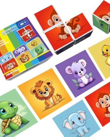 Pairez Toys 3D Magnetic Cubic Jigsaw Puzzle Toys for Toddlers, Large Building Blocks Cubes 1.65 Inches, Integrated with Magnets, 6 Patterns in Animal Theme
