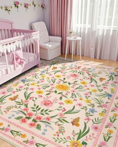 Dadasgk Nursery Rug,5x7 Pink Rugs for Bedroom Girls,Machine Washable Non Slip Soft Faux Wool Carpet,Cute Floral Butterfly Area Rugs for Playroom Bedroom Dorm Kids Room