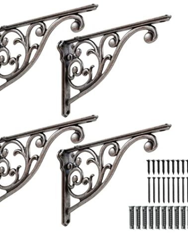 Khtumeware Ornate Decorative Shelf Brackets, 5-inch Small Wall Mounted Shelving Bracket, 4 Pack Antique Silver Vintage Metal Shelf Bracket Victorian Wall Bracket.(4, Antique Silver)
