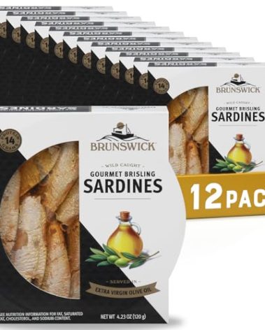 Brunswick Wild Caught Gourmet Brisling Sardines in Extra Virgin Olive Oil, 4.23 oz Can (Pack of 12) - Wild Caught Sardines - 14g Protein per Serving - Gluten Free, Keto Friendly