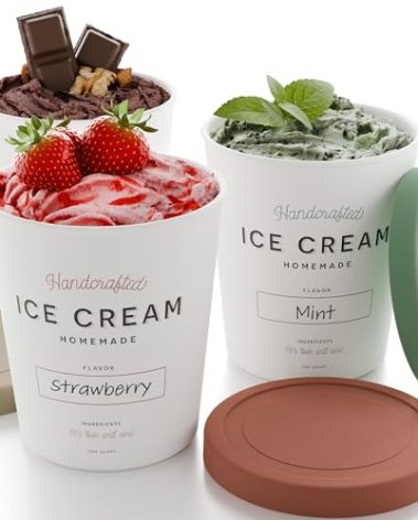 ZICOTO Set of 3 Reusable Ice Cream Containers 1 Quarts ea. - Perfect for Homemade Sorbet, Frozen Yogurt Or Gelato - Stackable Storage Pint Containers, Stickers And Lids Stores Easily In Freezer