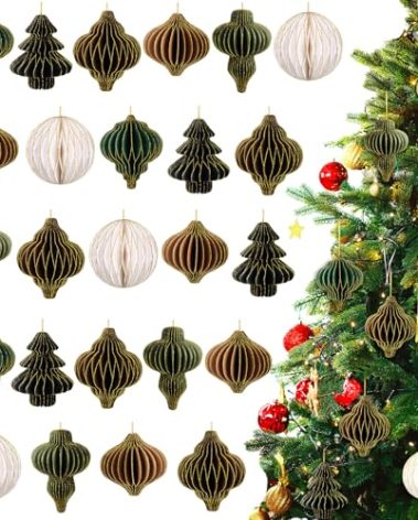 Janinka 36 Pcs Neutral Christmas Paper Honeycomb Ornaments 3D Mini Glitter Edge Honeycombs Lantern Reusable Vintage Christmas Hanging Neutral Ornaments for Modern Home Decor New Year (Light Color)