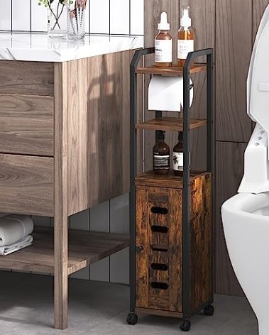 Hzuaneri Bathroom Storage Cabinet - Toilet Paper Storage Cabinet, Small Toilet Paper Holder with 4 Wheels, Bathroom Organizer with Adjustable Shelf, for Small Spaces, Rustic Brown BC04601X