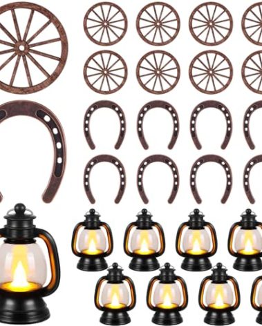 Yuntau 24 Pcs Western Themed Party Decorations Cowboy Table Centerpieces Lucky Horseshoe Mini Lantern Wooden Wagon Wheel Decor for Crafts Western Cowboy Party Birthday Wedding Favors Supplies