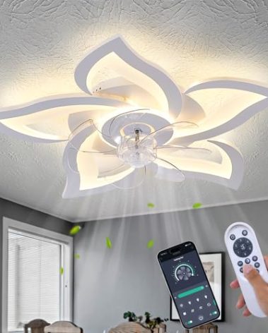 Ruibutrade White Flower Modern CeilingFans with Lights, Low Profile Ceiling Fan with Remote for Bedroom, Flush Mount Ceiling Fan with LED Dimmable Light,3-Colors, 6-Speeds, Timing CeilingFan Light
