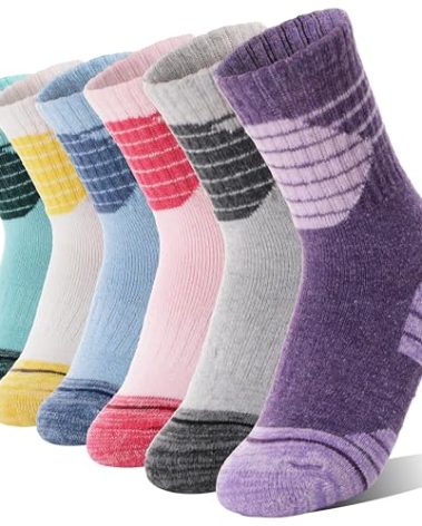 ANTSANG Kids Merino Wool Hiking Socks Boys Girls Toddlers Thermal Warm Winter Thick Cushion Snow Ski Crew Youth Socks 6 Pairs Gift Stocking Stuffers(Assorted,1-3T)