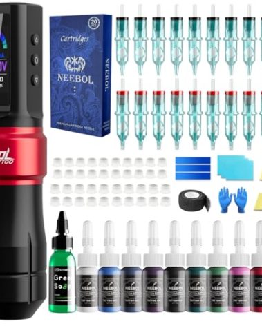 Neebol Wireless Tattoo Gun kit, Cordless Rotary Tattoo Pen with Mode Memory, 6h Battery Life, Tattoo Supplies Equipment, Complete Tattoo Machine Kit Gift for Beginners and Professionals
