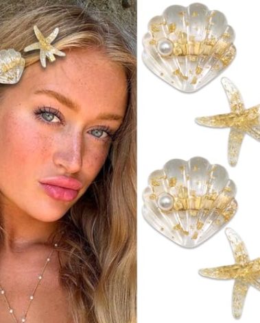 SAWINDA Starfish Seashell Hair Clip Set Shell Pearls Acrylic Resin Mermaid Alligator Hair Clips Gold Beach Wedding Headdress Accessories for Ladies and Girls (Pack of 4)