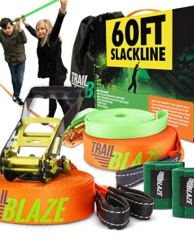 Complete Slackline Kit with Training Line - 60ft Slack Lines for Backyard for Kids and Adults, Wider Tree Protectors - Ninja Slackline Kit for Kids Outdoor Play Equipment
