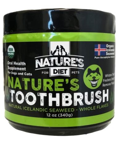 Nature's Diet Nature's Toothbrush Icelandic Seaweed Whole Flakes Oral Health Breath and Build-up Control Daily Meal Topper for Dogs & Cats
