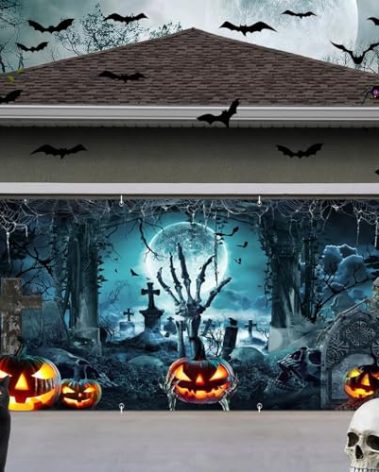 Halloween Garage Door Cover Decorations Backdrop 7x16ft Horror Cemetery Zombie Graveyard Backdrop Scary Halloween Banner Large Hanging 2 Car Garage Door Banner for Outdoor Holiday Decorations