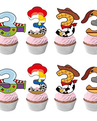40pcs Cartoon Story Cupcake Toppers 3rd Birthday Decorations for Boys Girls 3rd Birthday Party Supplies