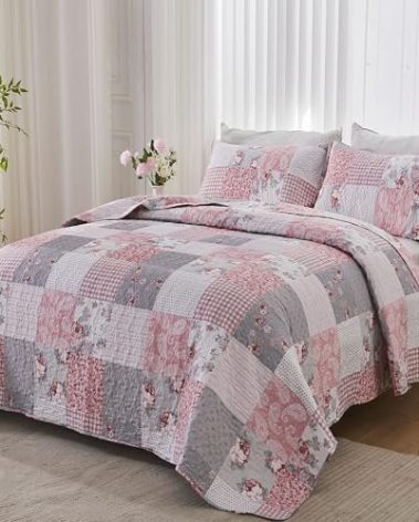 Pink Full Queen Size Quilt Set Floral Plaid Patchwork Rversible Quilted Bedspread Coverlet Set 3-Piece Grey Grid Flowers Lightweight Comforter Bedding Set Bed Sheet Cover Blanket with 2 Pillow Shams