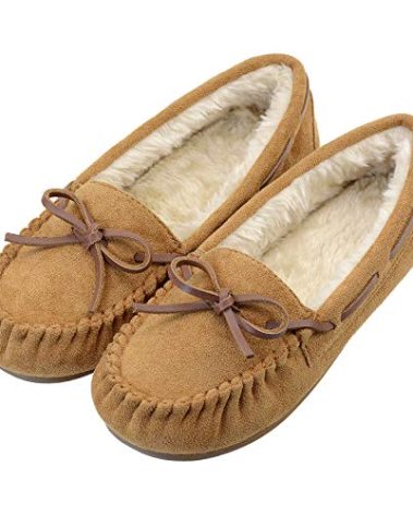 Vonair Women's Moccasin Slippers Micro Suede Warm Faux Fur Pile Lined Lace-Up Bow Cozy Indoor & Outdoor Moccasins Slip On Loafers Shoes for Women Tan US 8