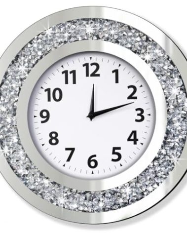 DMDFIRST Crystal Crushed Diamond Mirrored Round Wall Clock 16x16x2 inches for Wall Decoration Silver Glass Mirror Clock Sparkle Twinkle Bling Home Decor. AA Battery is not Included.