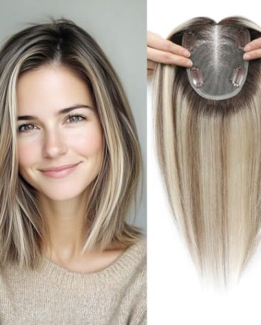 HOLFWALF Human Hair Topper 12Inch 4x4.8inch Large Swiss Base with Thinning Hair (Ombre Light Brown with Blond Highlight)