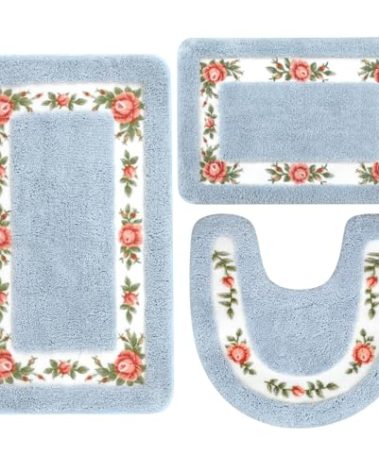 Drydiet 3 Pcs Rose Flowers Bathroom Rugs Set Coquette Room Decor Floral Carpet for Bathroom Bedroom Living Room, Floral Bath Mat Non Skid Romantic Rose Flower Area Rugs 3 Shapes(Blue,Small)
