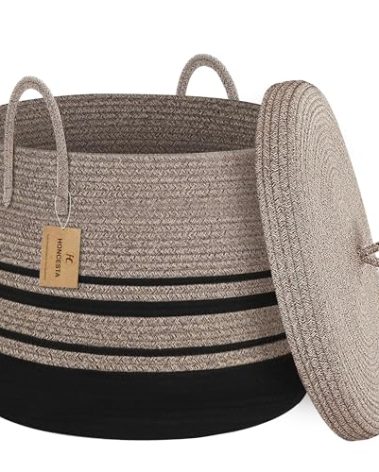 HONCESTA Extra Large Woven Basket with Lid, 18" X 14" Wicker Blanket Storage Basket Living Room, Tall Rope Storage Baskets for Toys, Decorative Kids Toy Bin Box with Cover, Baby Laundry Basket Hamper