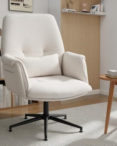 Fabric Home Office Chair, High Back Desk Chairs No Wheels, Cross-Legged Criss Cross Chair with Armrests, Wide Seat Computer Task Chair, Comfy Swivel Vanity Chair for Bedroom, Home, Cream White