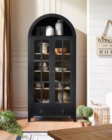RowyPoey Farmhouse Arched Cabinet with Glass Doors, Wood Display Cabinet with Drawer and Adjustable Shelves, 71” Tall Bookshelf Modern China Storage Kitchen Pantry for Living Room,Office (Black)