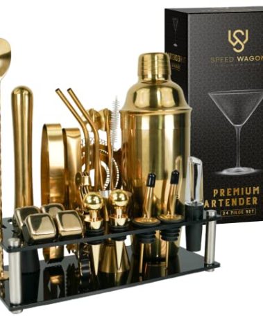 Mixology Bartender Kit – 24 Piece Gold Cocktail Shaker Set w/Stand – Essential Home Bar Accessories Martini Shaker, Jigger, Muddler, Chilling Cubes & More