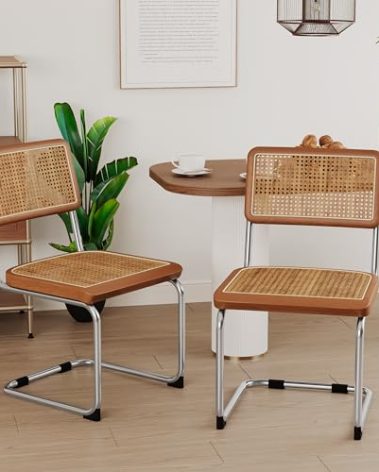 Alunaune Modern Mid Century Dining Chairs Set of 2, Upholstered Natural Rattan Kitchen Chairs Accent Chair, Armless Side Chairs with Metal Chrome Legs for Bedroom Living Room-Brown