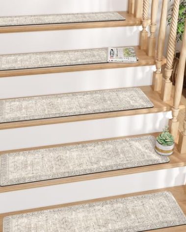 Tiveney Stair Treads Non Slip 15PCS 8"x30" Stair Runner, Rubber Backing Carpet Stair Treads for Wooden Steps, Washable Safety Carpet for Stairs Khaki Indoor Staircase Step Treads for Kids Elder Dogs