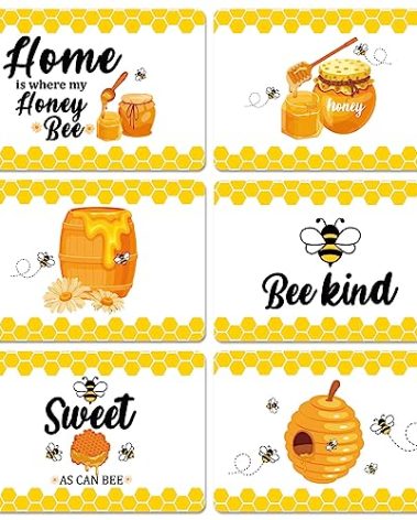 Honey Bee Placemats Set of 6 Summer Plastic Table Mats Yellow Bee Theme Placemats Washable Farmhouse Rustic Holiday Table Decoration for Indoor Outdoor Party Kitchen Dining