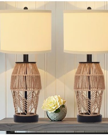 DAIJITAOJI 21" Boho Lamps Set of 2 for Bedroom Farmhouse Table Lamps for Living Room Rattan Wicker Rustic Bedside Lamps for Nightstand Vintage Desk Lamp for Home Office End Table Black (2 Pack)