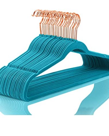 MIZGI Premium Velvet Hangers (50 Pack) Heavy Duty - Non Slip Felt Suit Hanger Teal/Turquoise - Rose Gold Hooks,Space Saving Clothes Hanger