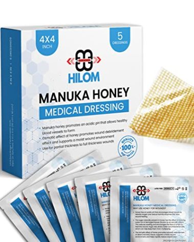 Hilom Medical Grade Manuka Honey Gauze Dressing 4 inch x 4 inch (5 Pack - Non-Adherent) | First Aid for Minor Wounds Such as Cuts or Advanced Wound Care of Bed Sores, Burns, or Lacerations