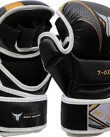 Mytra Fusion MMA Gloves 7-oz Grappling Gloves Martial Arts Gloves Sparring Gloves Punching Bag Gloves (L/XL, Black/Gold)