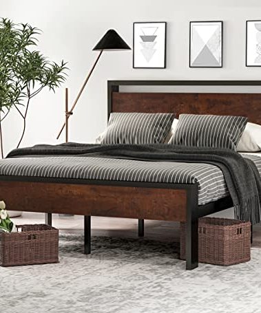 SHA CERLIN 14 Inch Queen Size Metal Platform Bed Frame with Wooden Headboard and Footboard, Mattress Foundation, No Box Spring Needed, Large Under Bed Storage, Non-Slip Without Noise, Mahogany