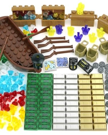 Pamvava Money Treasure Chest Bank Pirate Ships, Friends City Accessories Building Block, Maps Dollar Jewel Gems Diamonds Gold Bar Coins Bricks Pieces, Crystals Bill Cash Parts Sets